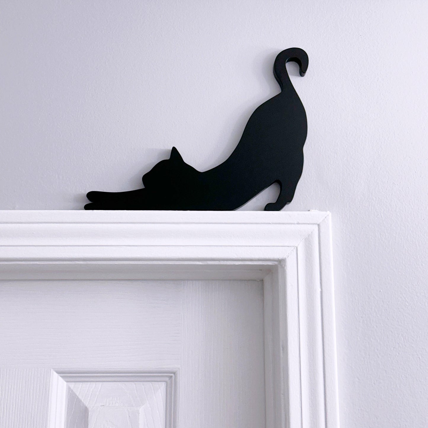 Handmade Stretching Cat Door Topper: Black Cat Shelf Sitter