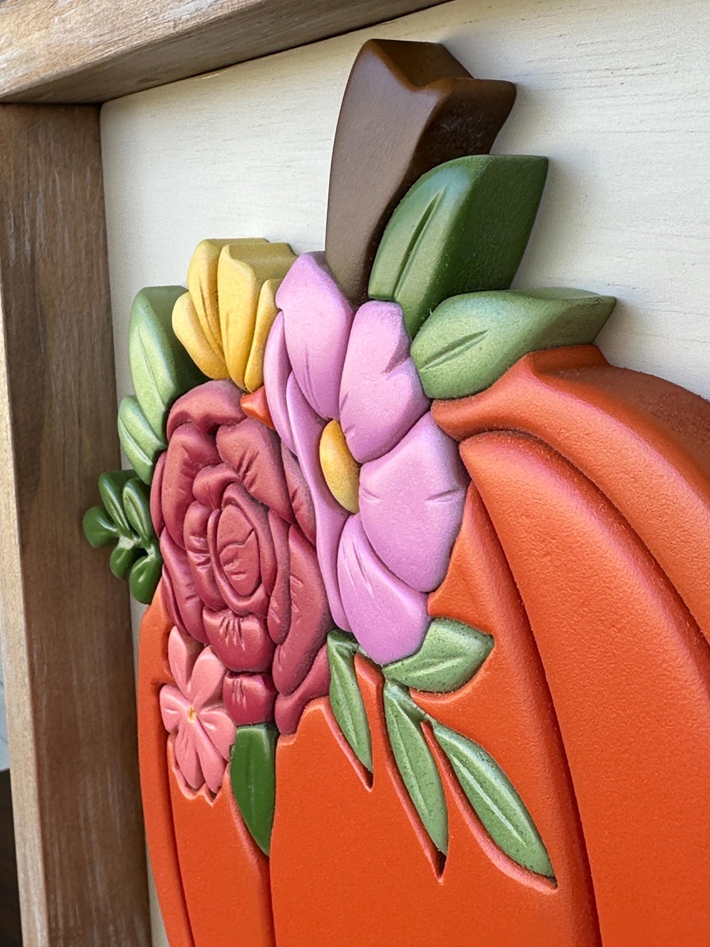 Fall Pumpkin and Flowers wall art - Handmade framed art