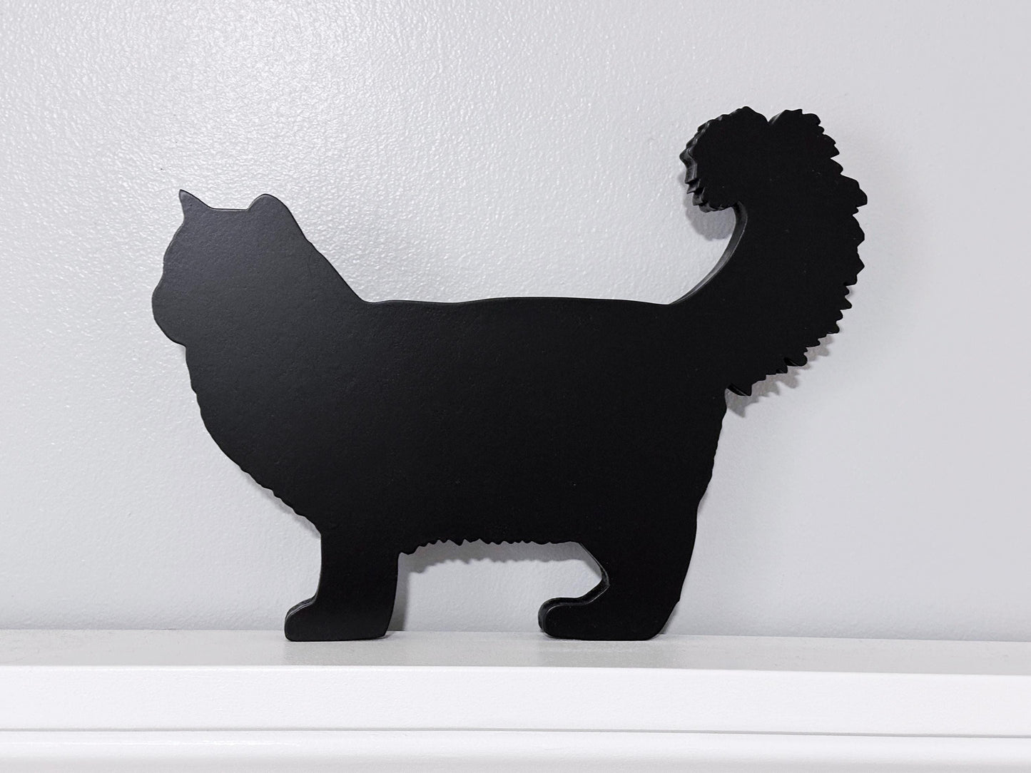 Handmade Ragamuffin Black Cat Shelf Sitter: Long Haired Cat Door Topper