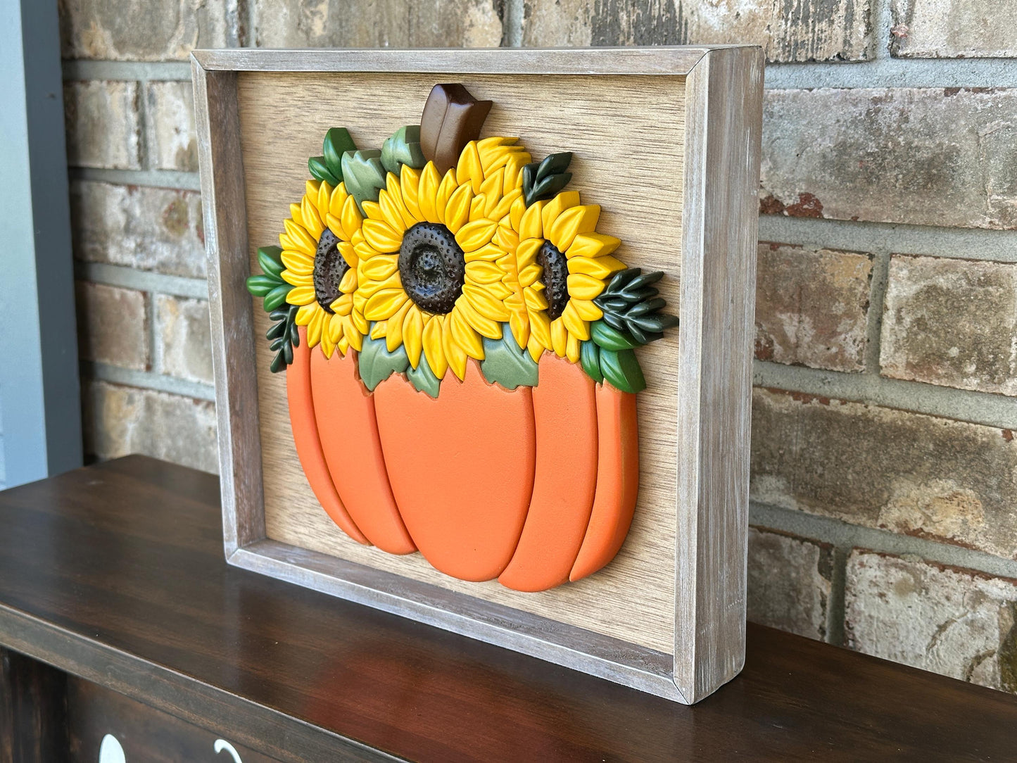 Fall Pumpkin and Sunflowers wall art - Handmade framed art