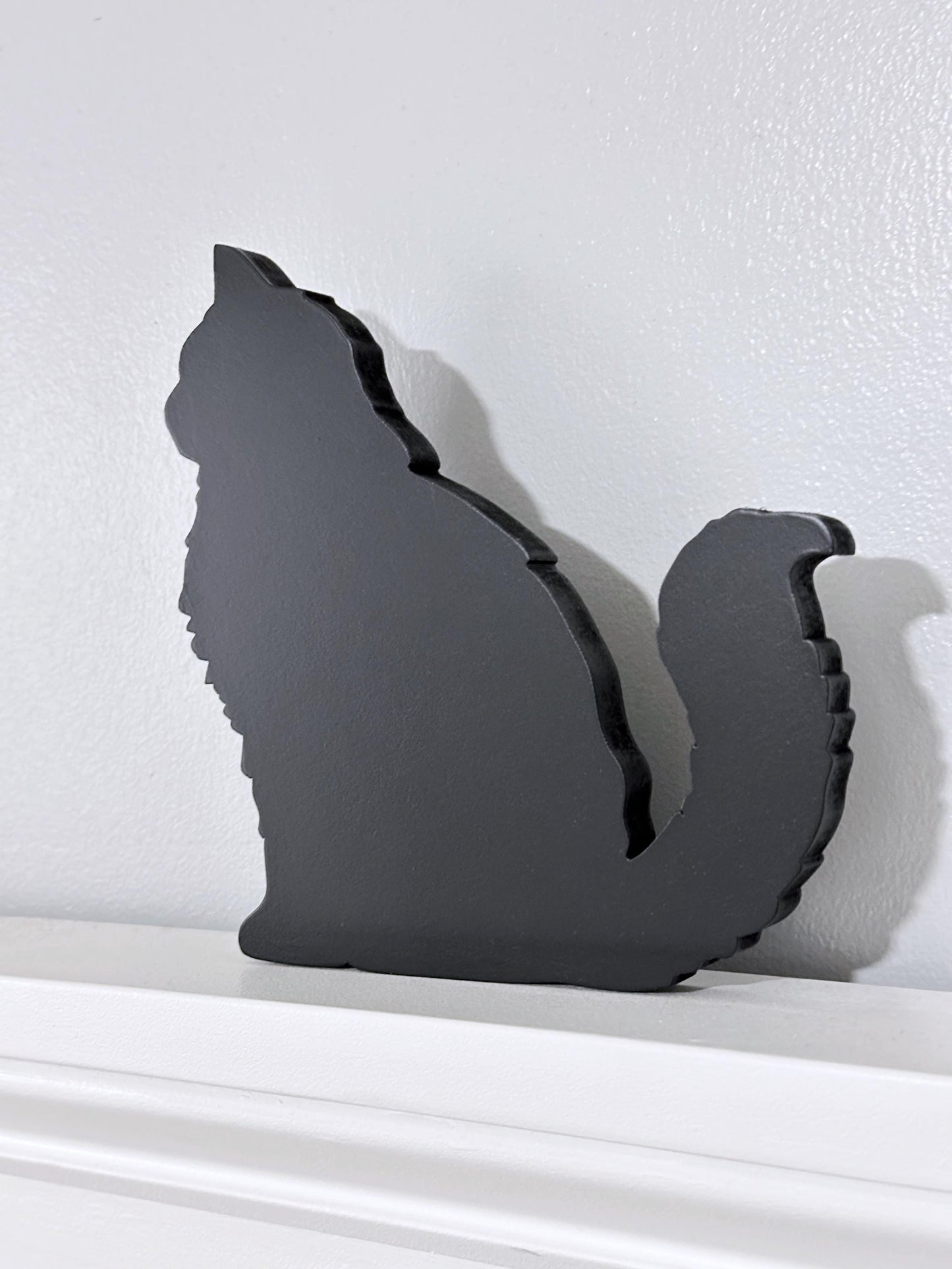 Long haired sitting black Cat wood door topper or shelf sitter, Handmade gift for cat lover