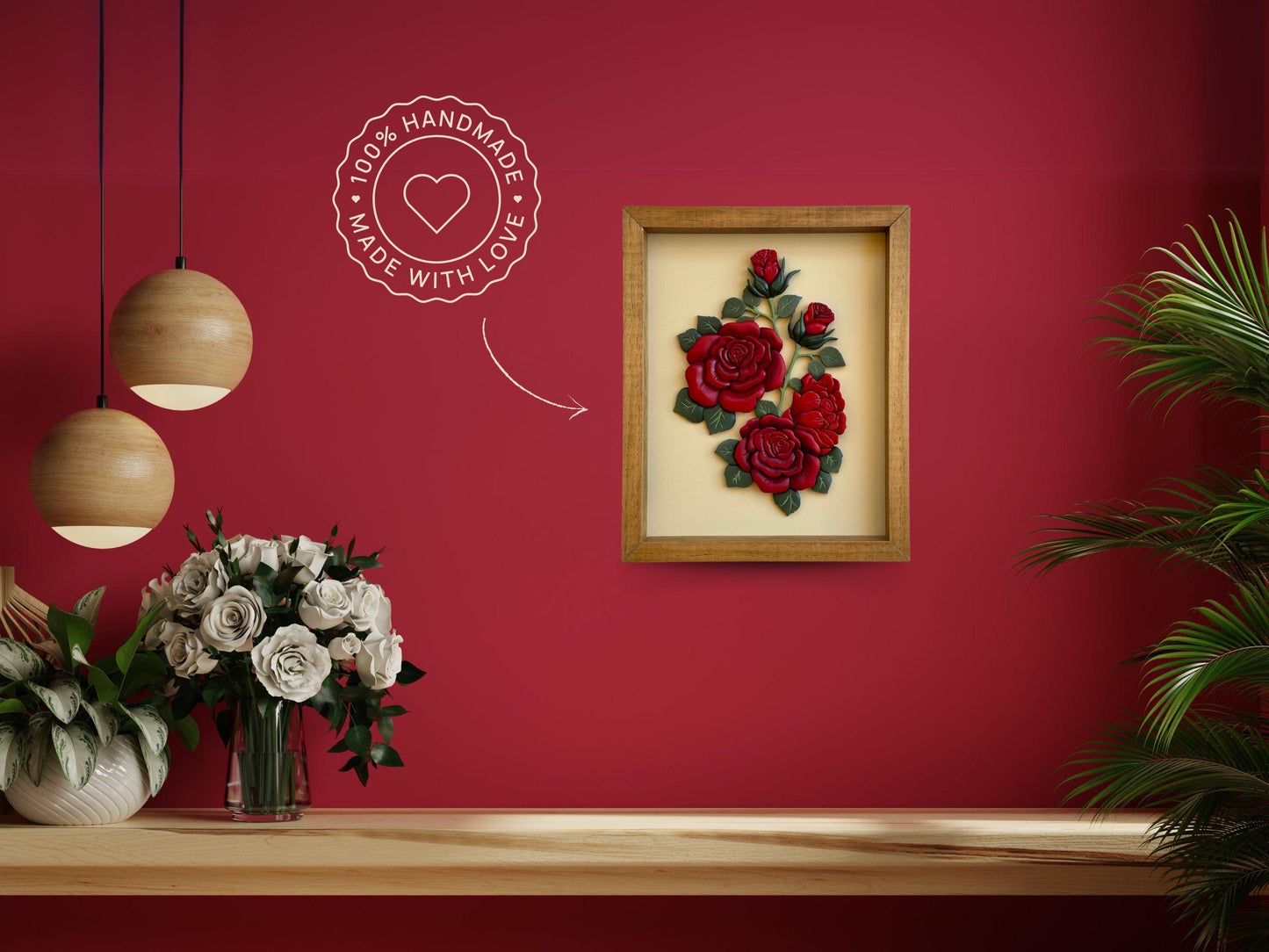 Handcrafted Wood Roses framed floral wall art - Christmas Gift for Her
