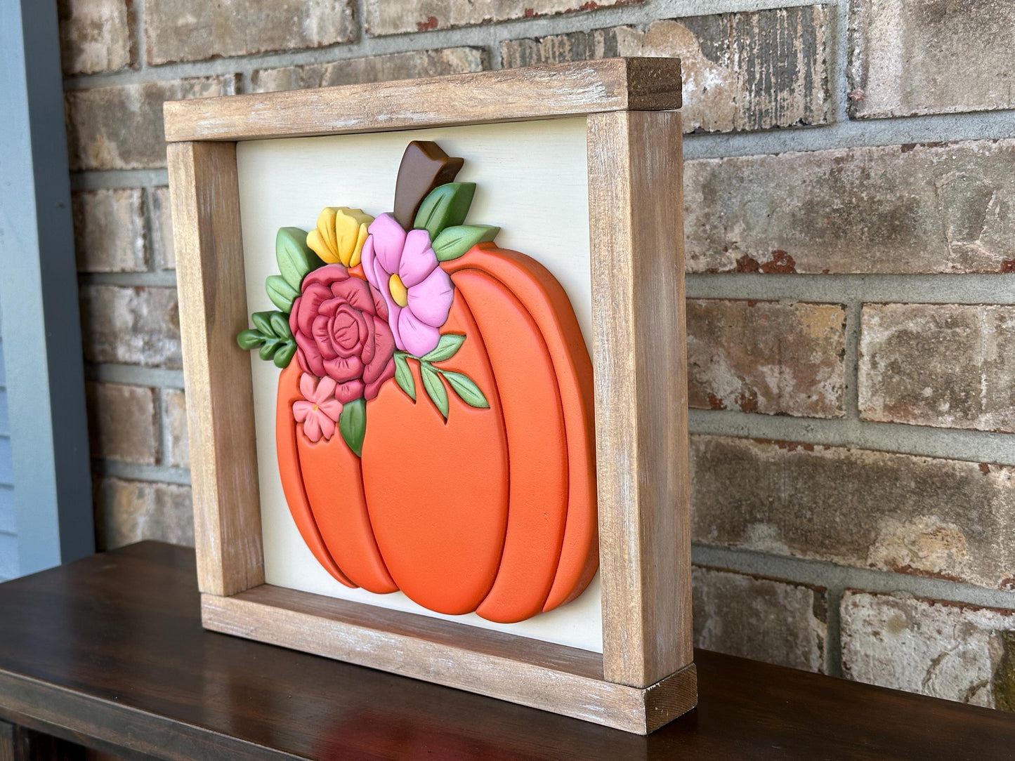 Fall Pumpkin and Flowers wall art - Handmade framed art