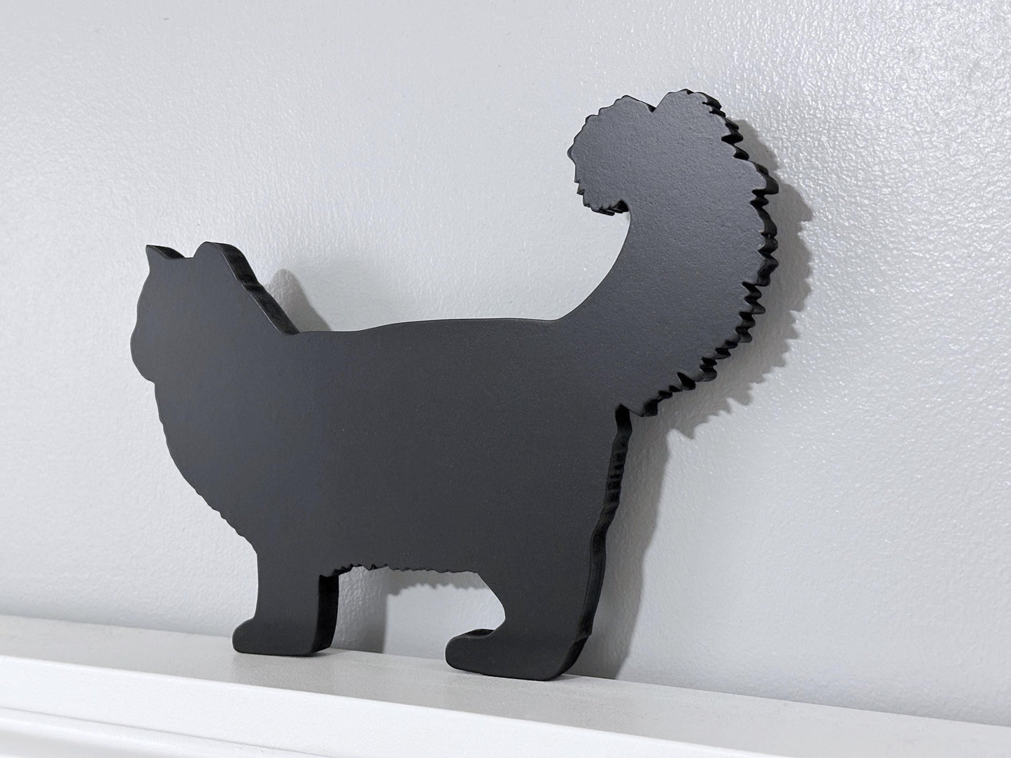 Handmade Ragamuffin Black Cat Shelf Sitter: Long Haired Cat Door Topper