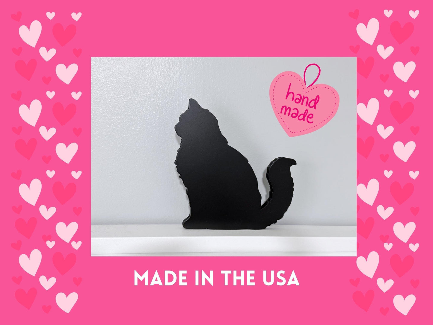 Long haired sitting black Cat wood door topper or shelf sitter, Handmade gift for cat lover