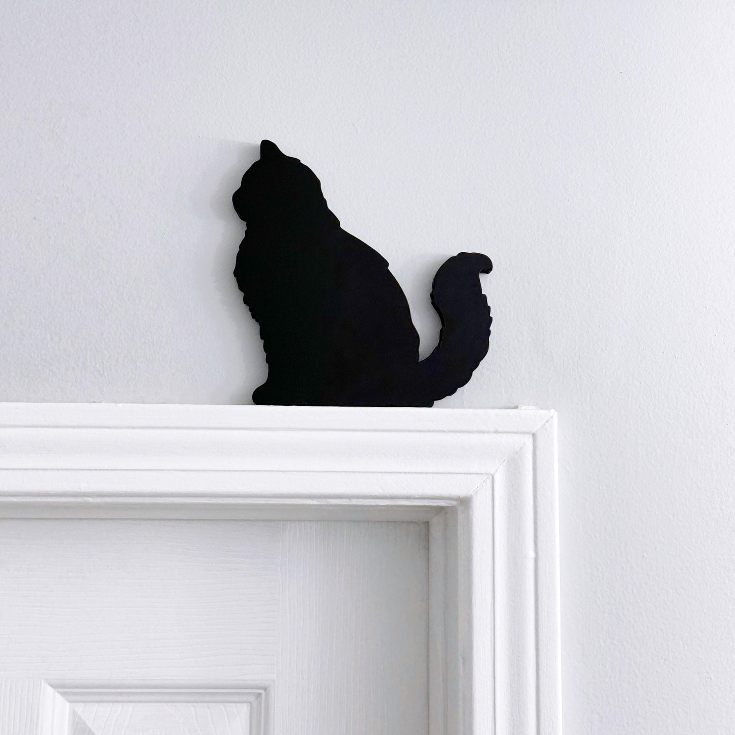 Long haired sitting black Cat wood door topper or shelf sitter, Handmade gift for cat lover