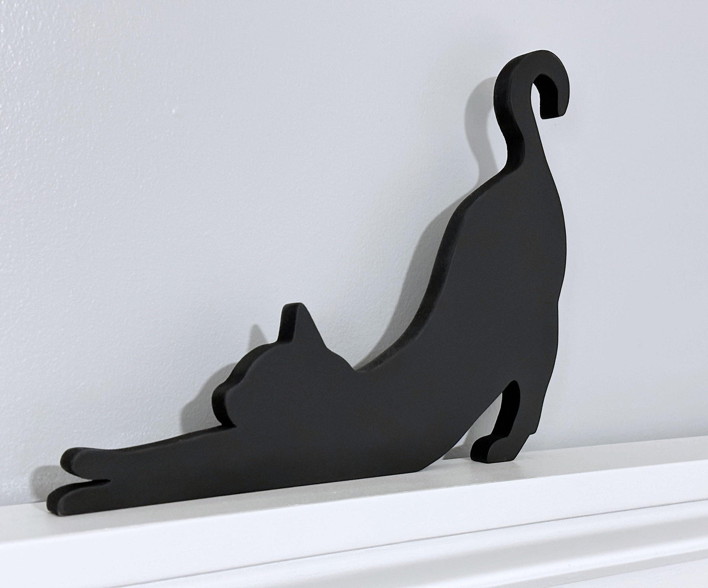 Handmade Stretching Cat Door Topper: Black Cat Shelf Sitter