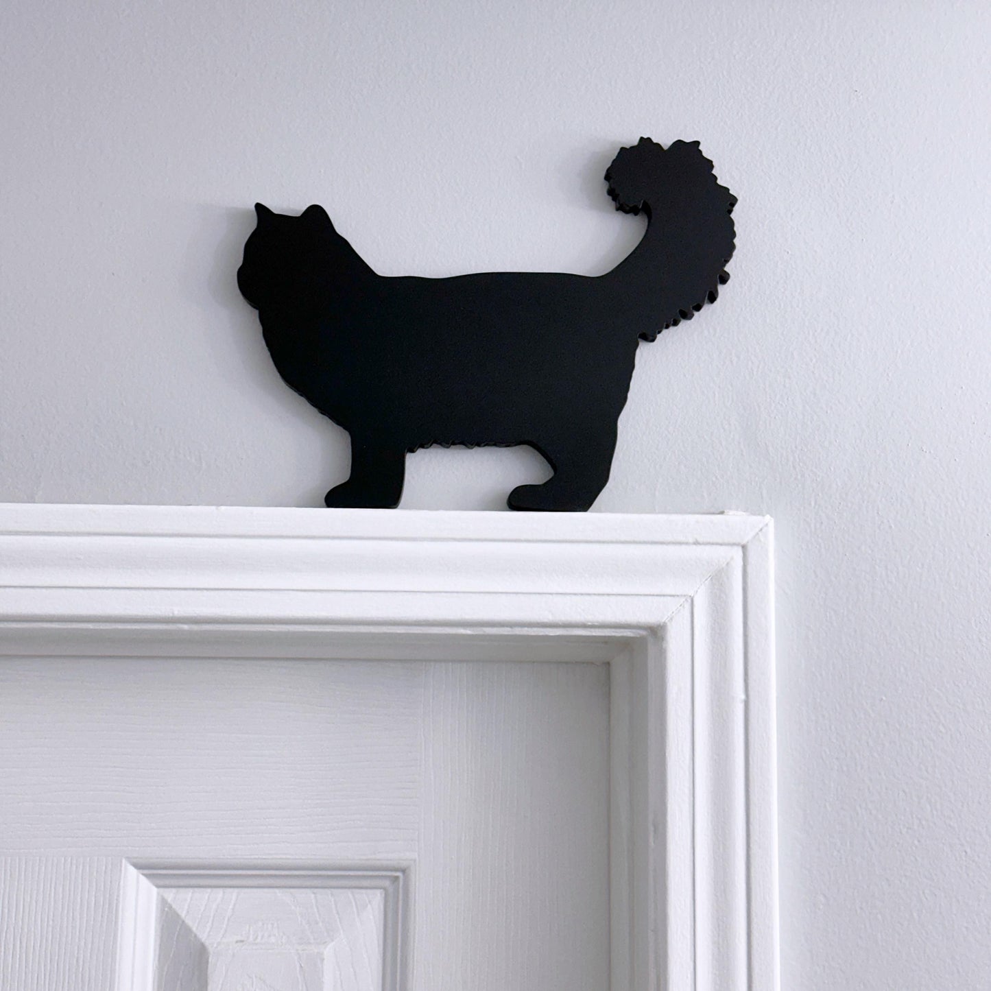 Handmade Ragamuffin Black Cat Shelf Sitter: Long Haired Cat Door Topper