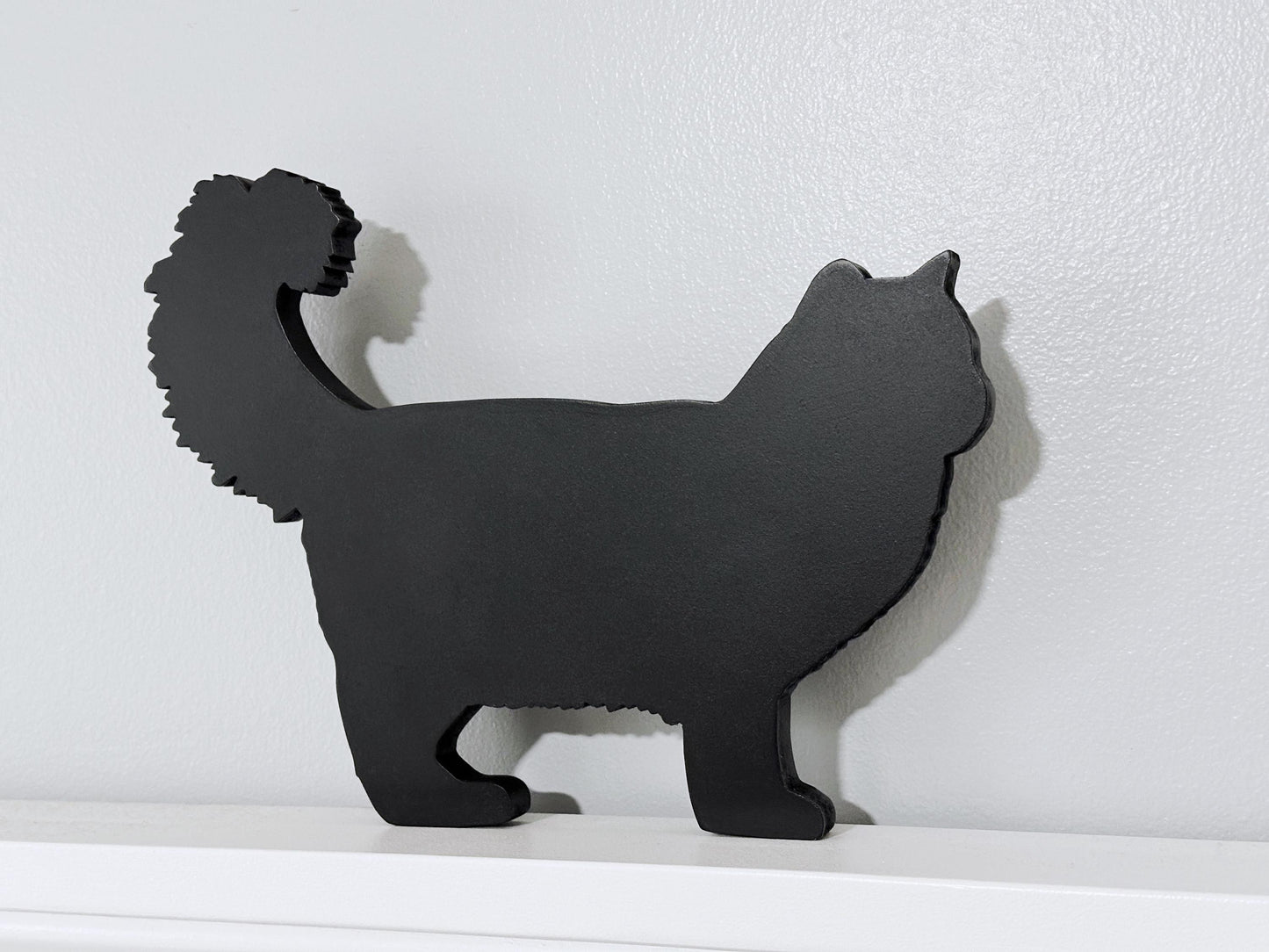 Handmade Ragamuffin Black Cat Shelf Sitter: Long Haired Cat Door Topper