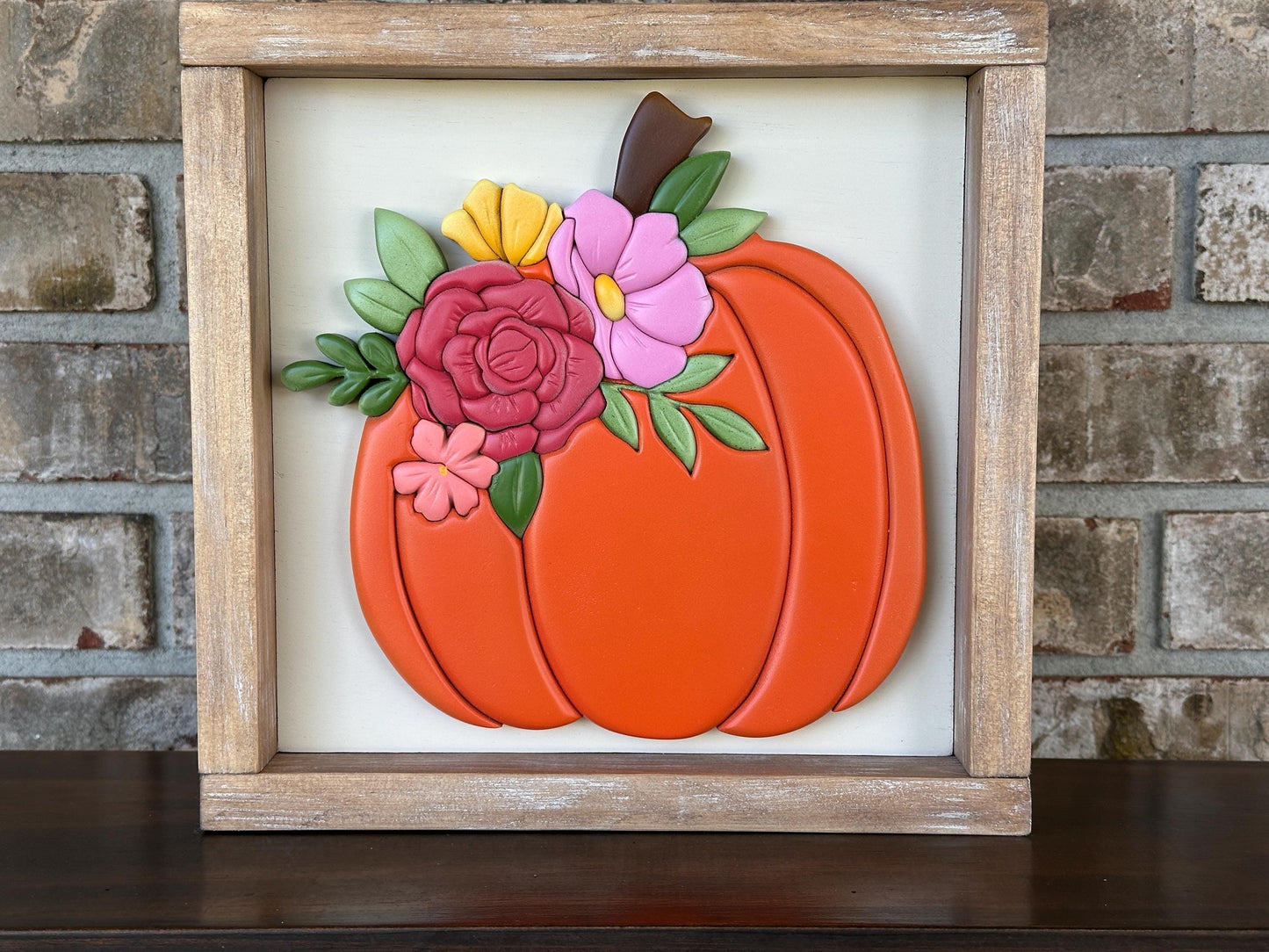 Fall Pumpkin and Flowers wall art - Handmade framed art