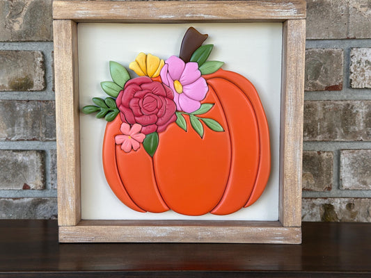Fall Pumpkin and Flowers wall art - Handmade framed art