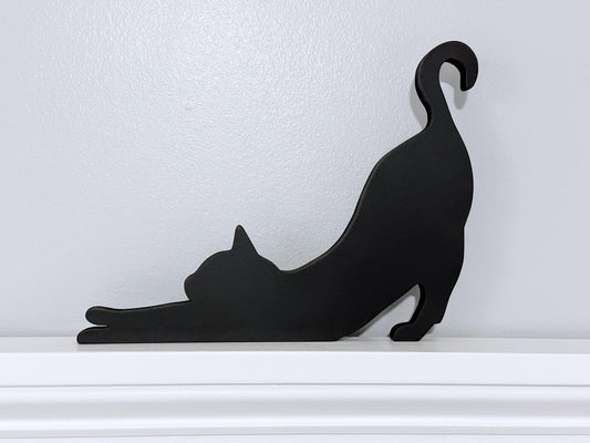 Handmade Stretching Cat Door Topper: Black Cat Shelf Sitter