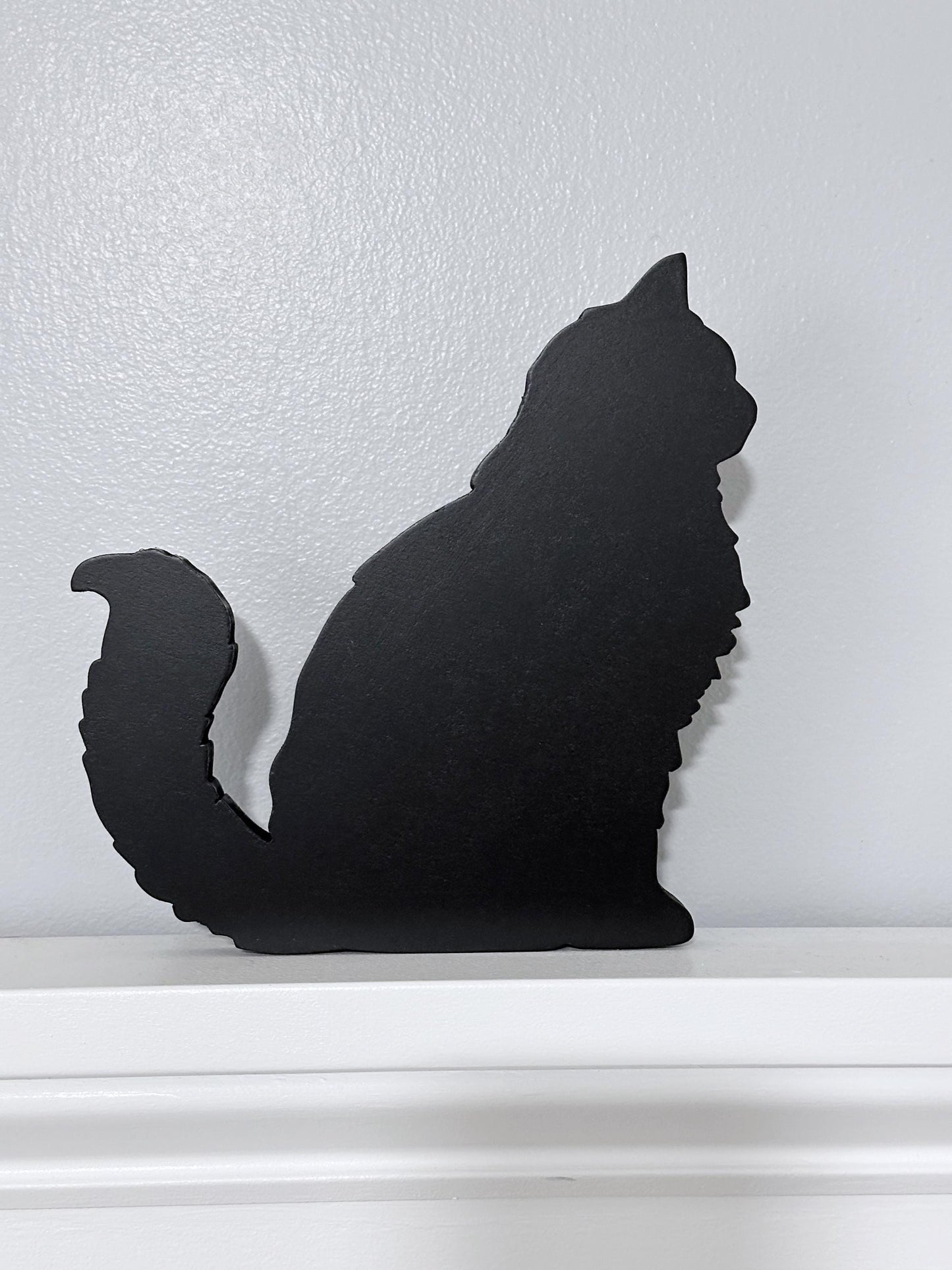 Long haired sitting black Cat wood door topper or shelf sitter, Handmade gift for cat lover