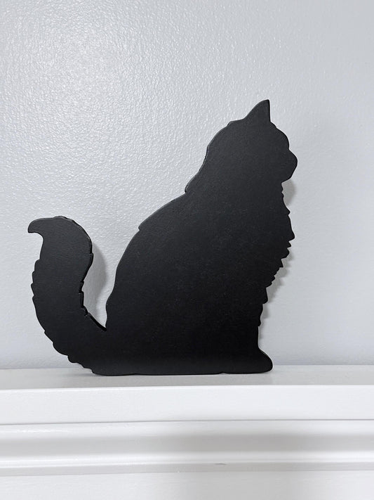 Long haired sitting black Cat wood door topper or shelf sitter, Handmade gift for cat lover