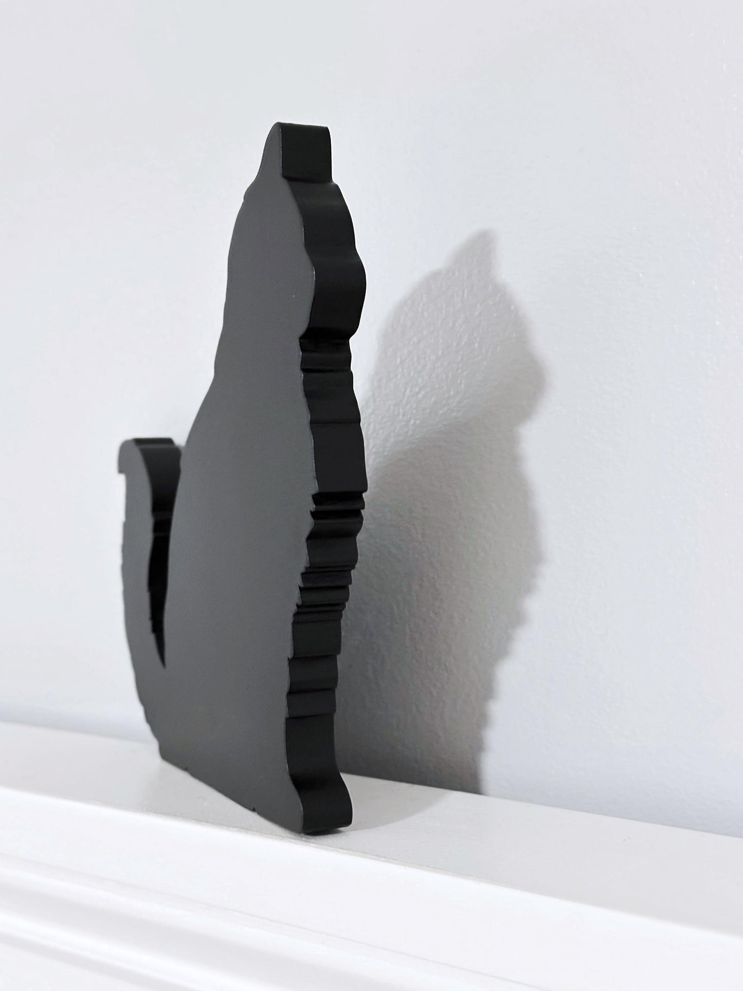 Long haired sitting black Cat wood door topper or shelf sitter, Handmade gift for cat lover