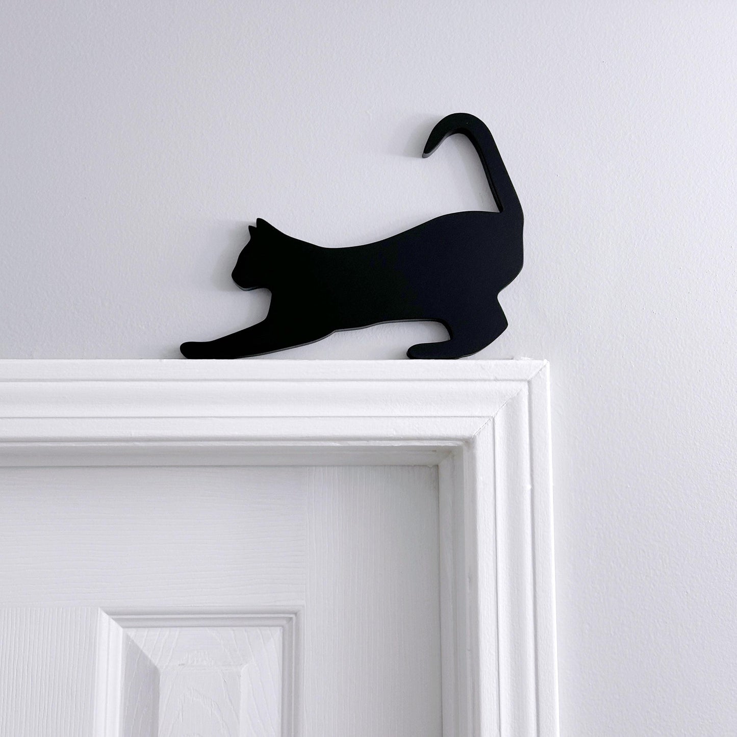 Stretching Black Cat Door Topper: Handmade Wood Silhouette