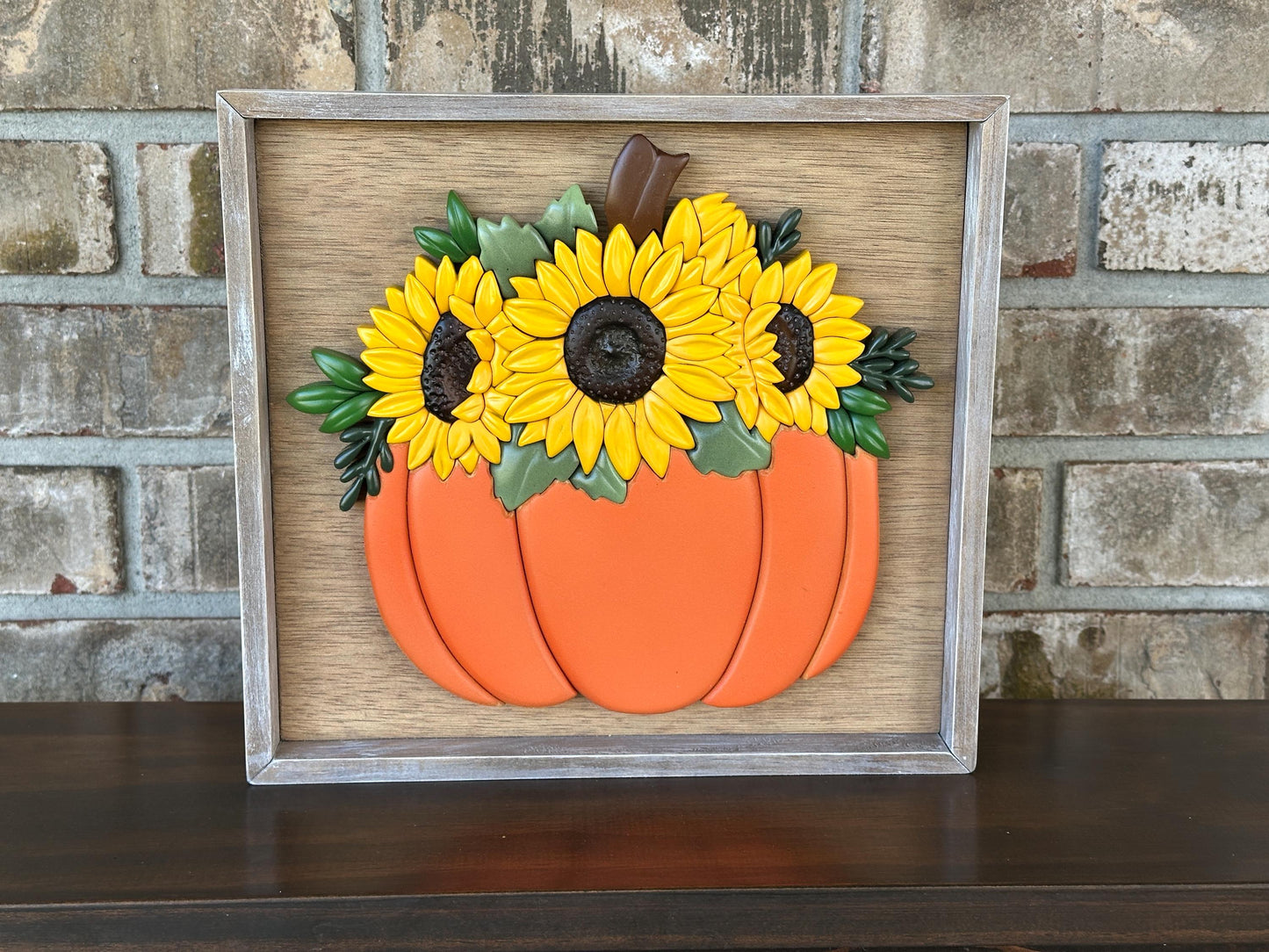 Fall Pumpkin and Sunflowers wall art - Handmade framed art