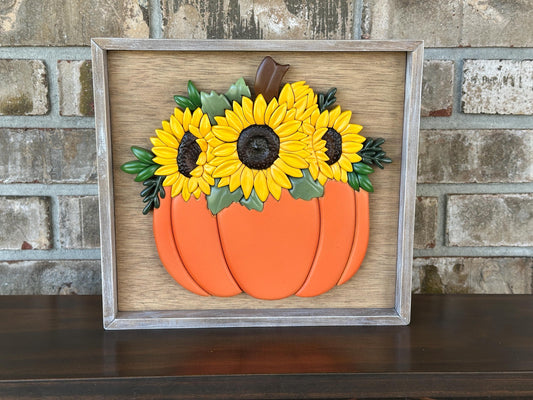 Fall Pumpkin and Sunflowers wall art - Handmade framed art