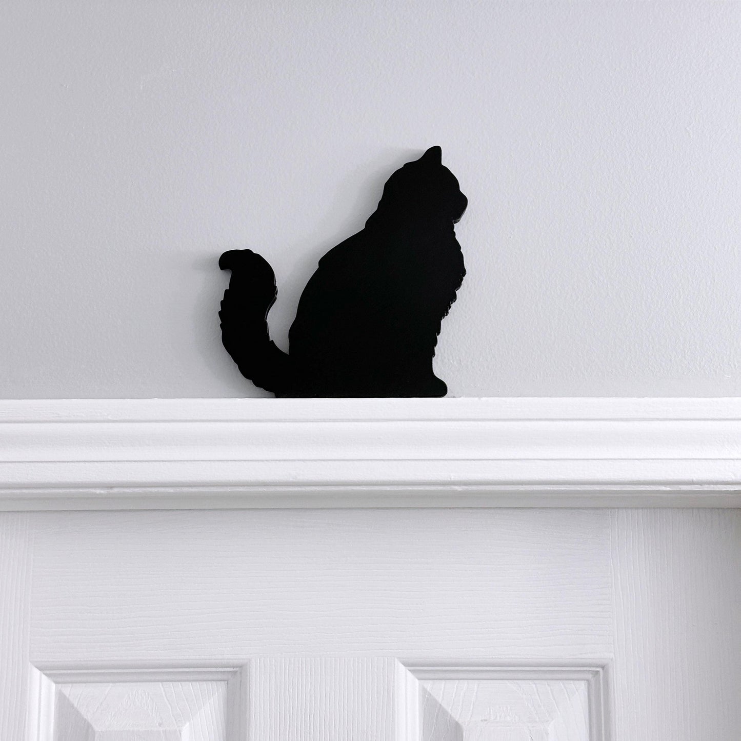 Long haired sitting black Cat wood door topper or shelf sitter, Handmade gift for cat lover