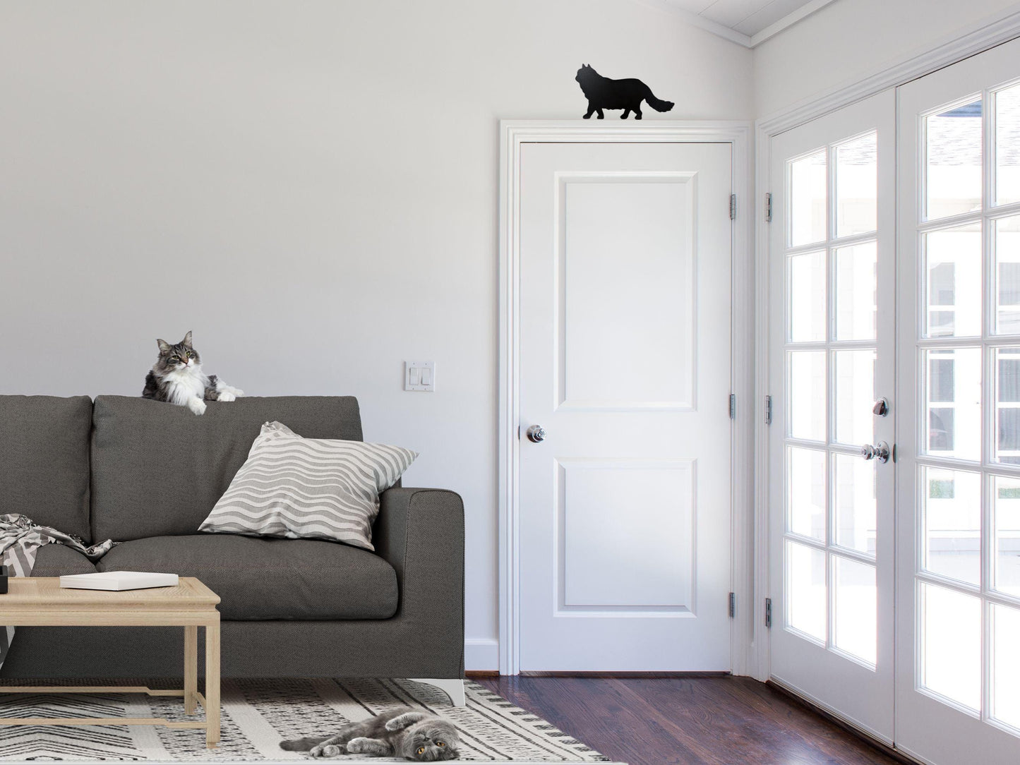 Long Haired Black Cat silhouette door topper, Handmade gift for cat lover, Cat memorial gift