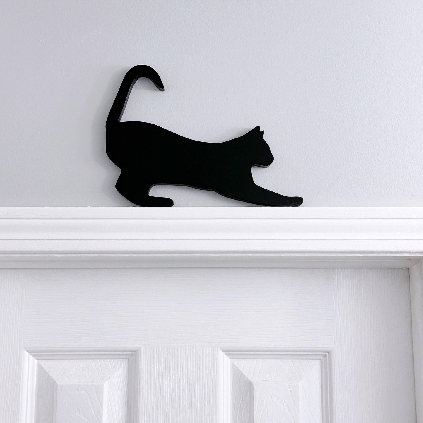 Stretching Black Cat Door Topper: Handmade Wood Silhouette