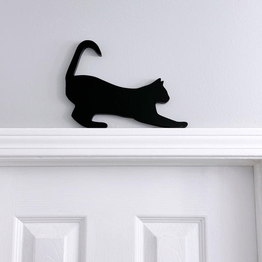 Stretching Black Cat Door Topper: Handmade Wood Silhouette