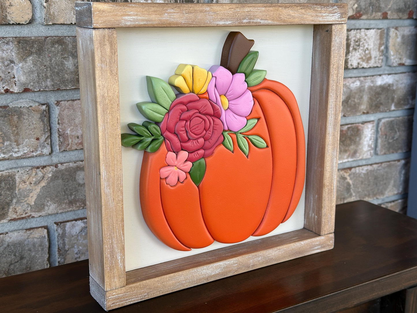 Fall Pumpkin and Flowers wall art - Handmade framed art