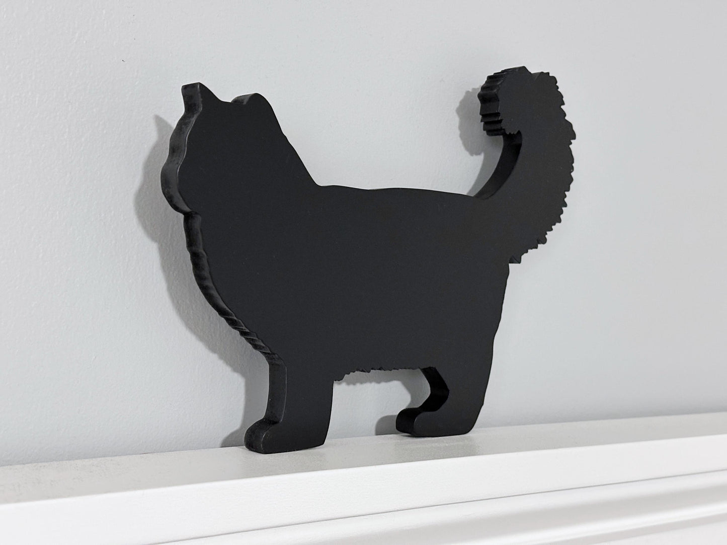 Handmade Ragamuffin Black Cat Shelf Sitter: Long Haired Cat Door Topper