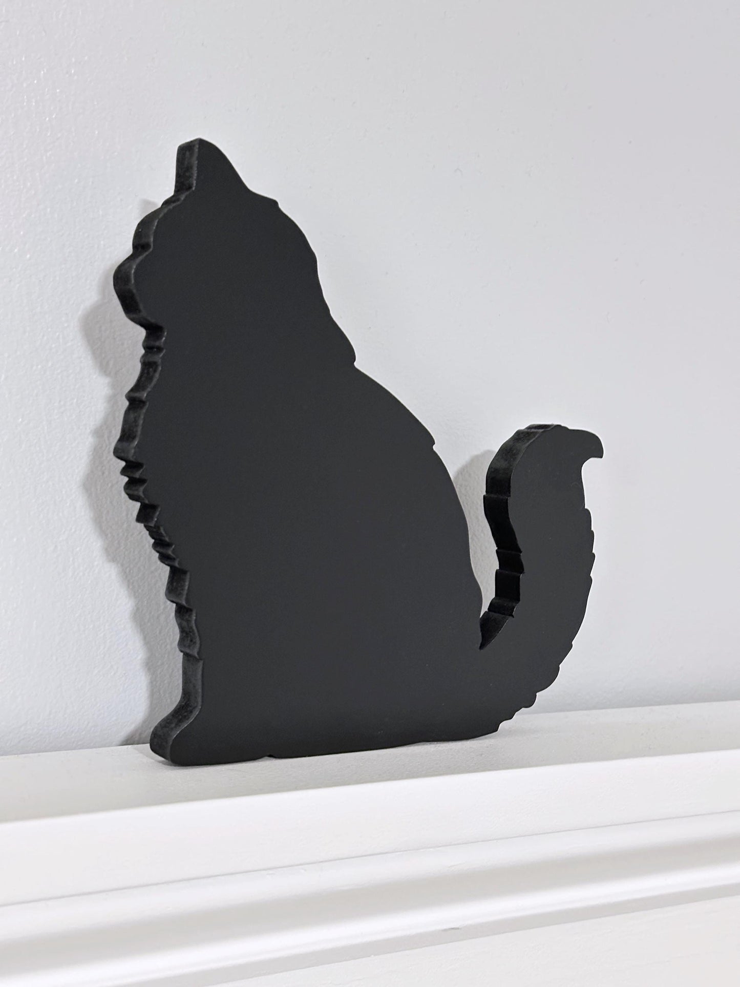 Long haired sitting black Cat wood door topper or shelf sitter, Handmade gift for cat lover