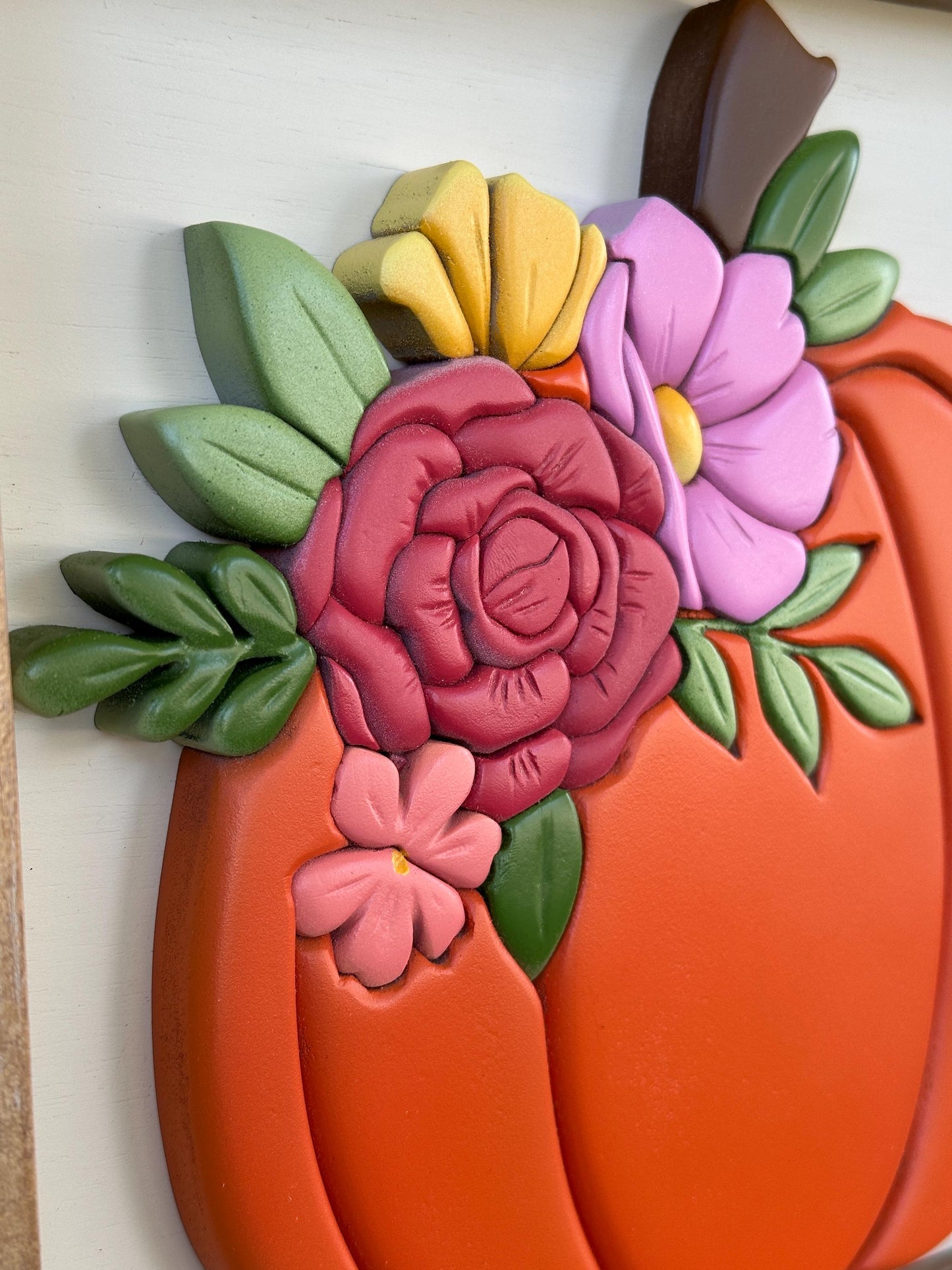 Fall Pumpkin and Flowers wall art - Handmade framed art