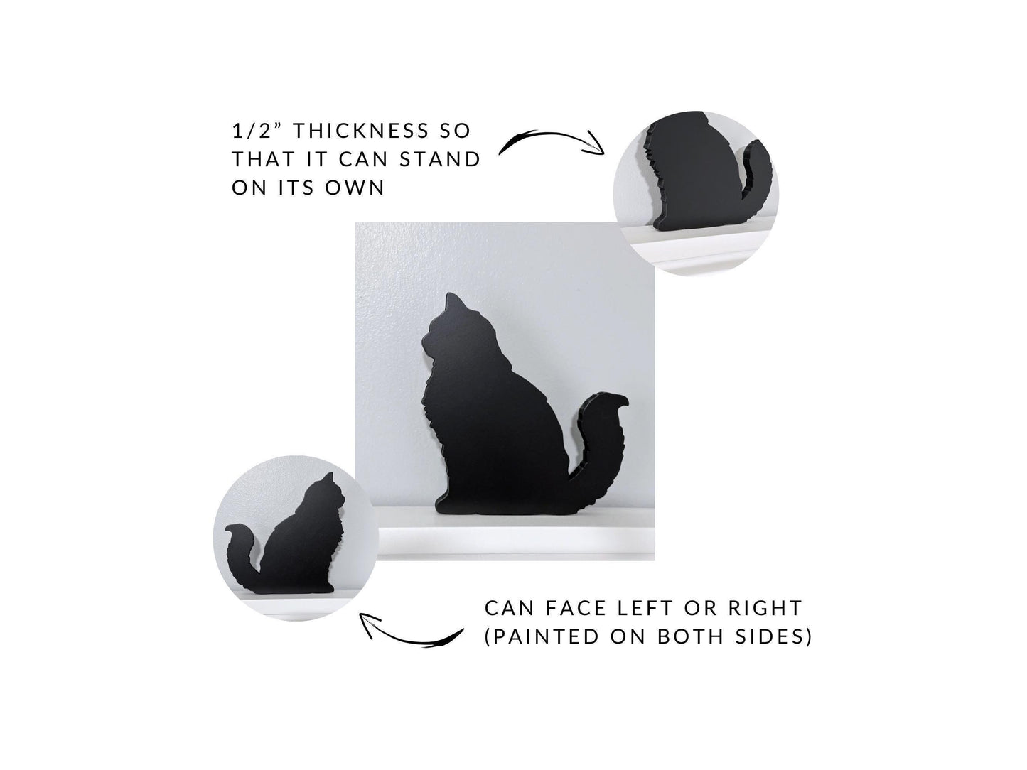 Long haired sitting black Cat wood door topper or shelf sitter, Handmade gift for cat lover