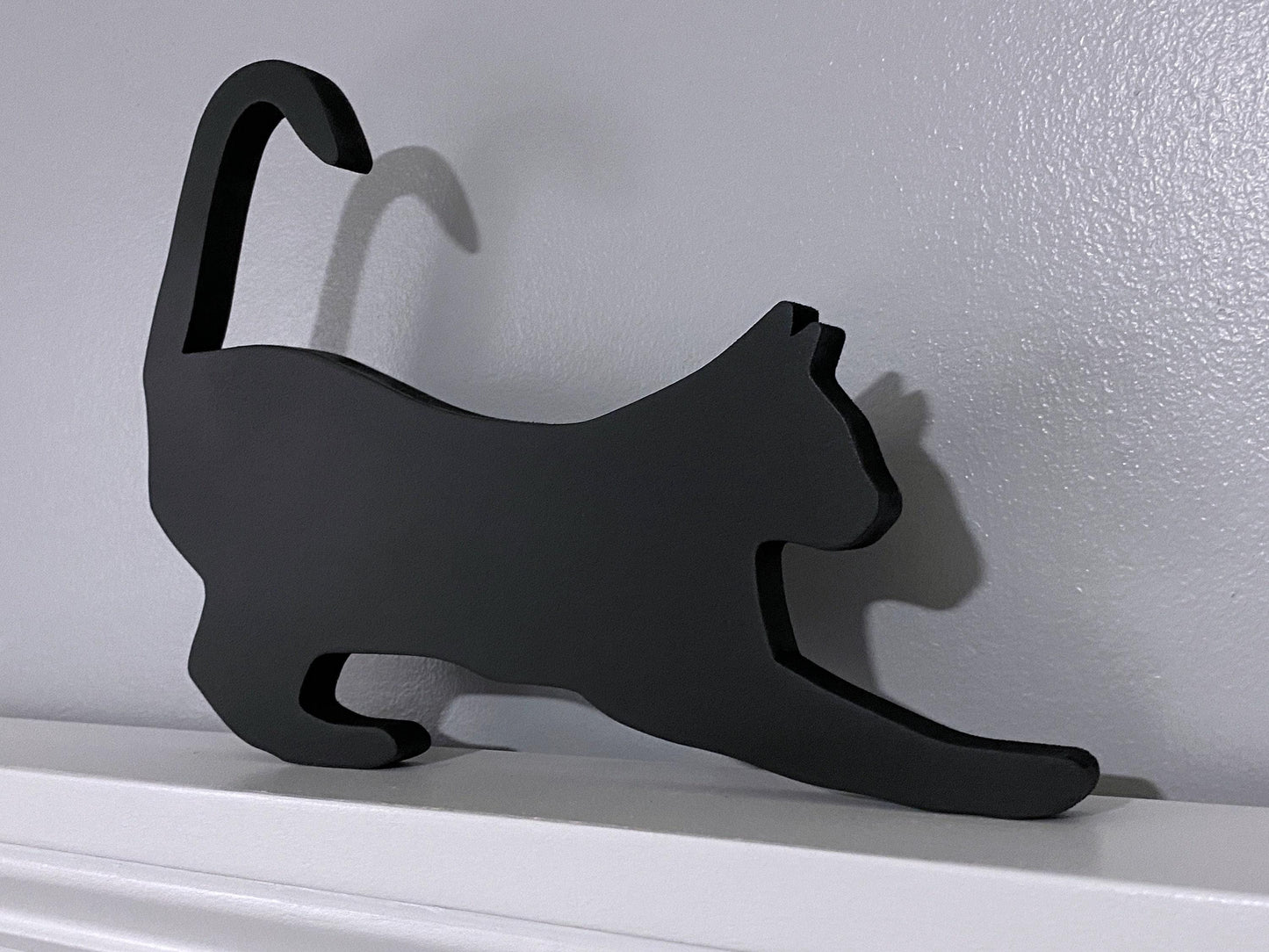 Stretching Black Cat Door Topper: Handmade Wood Silhouette