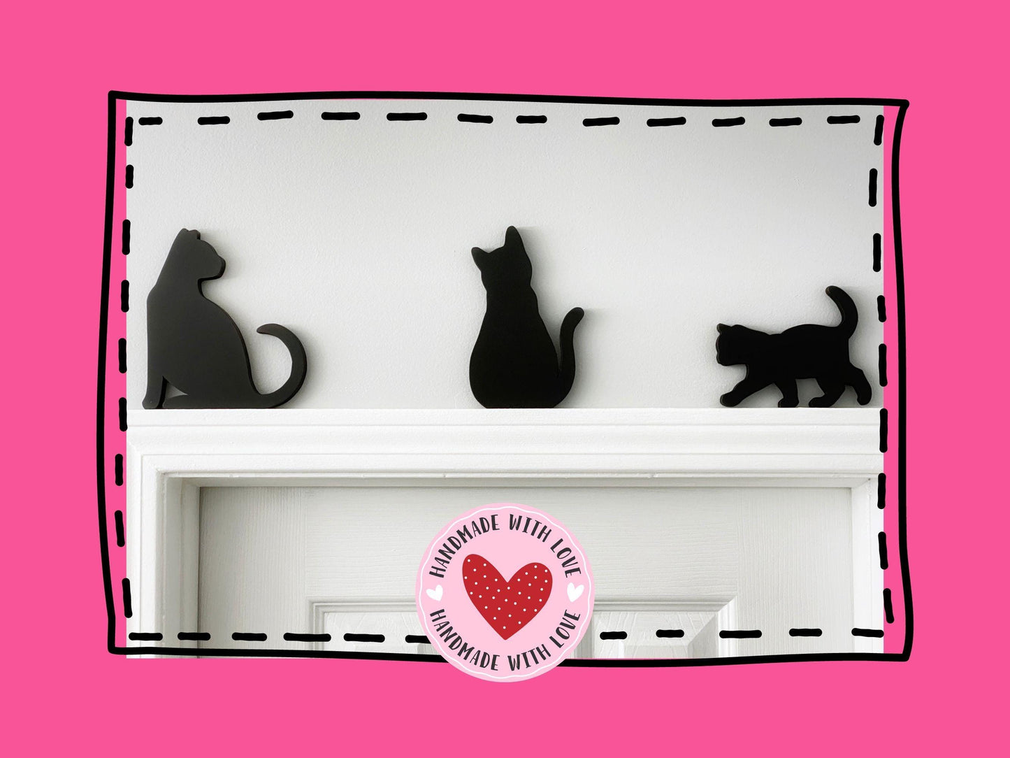 Handmade Black Cat Door Toppers: Whimsical Cat Shelf Decor, set of Three