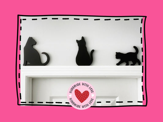 Handmade Black Cat Door Toppers: Whimsical Cat Shelf Decor, set of Three