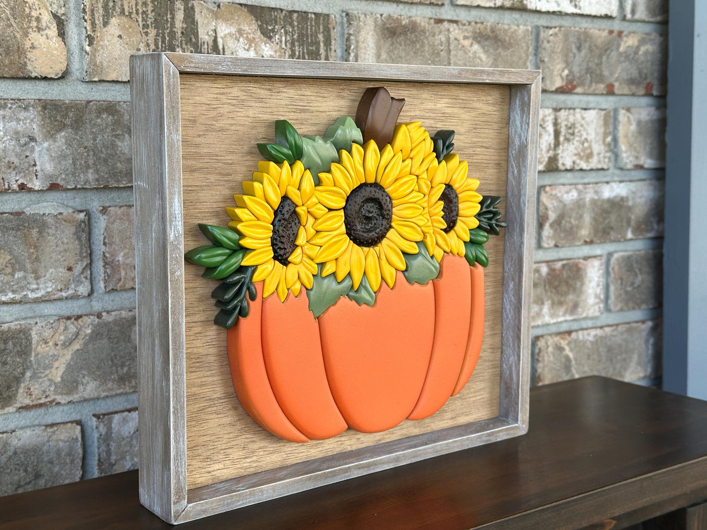 Fall Pumpkin and Sunflowers wall art - Handmade framed art