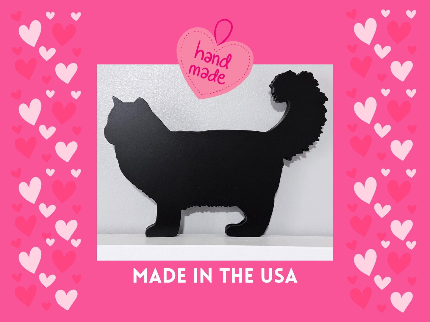 Handmade Ragamuffin Black Cat Shelf Sitter: Long Haired Cat Door Topper