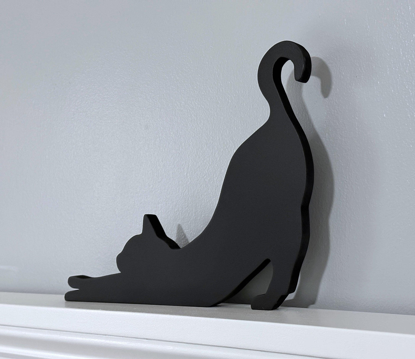 Handmade Stretching Cat Door Topper: Black Cat Shelf Sitter