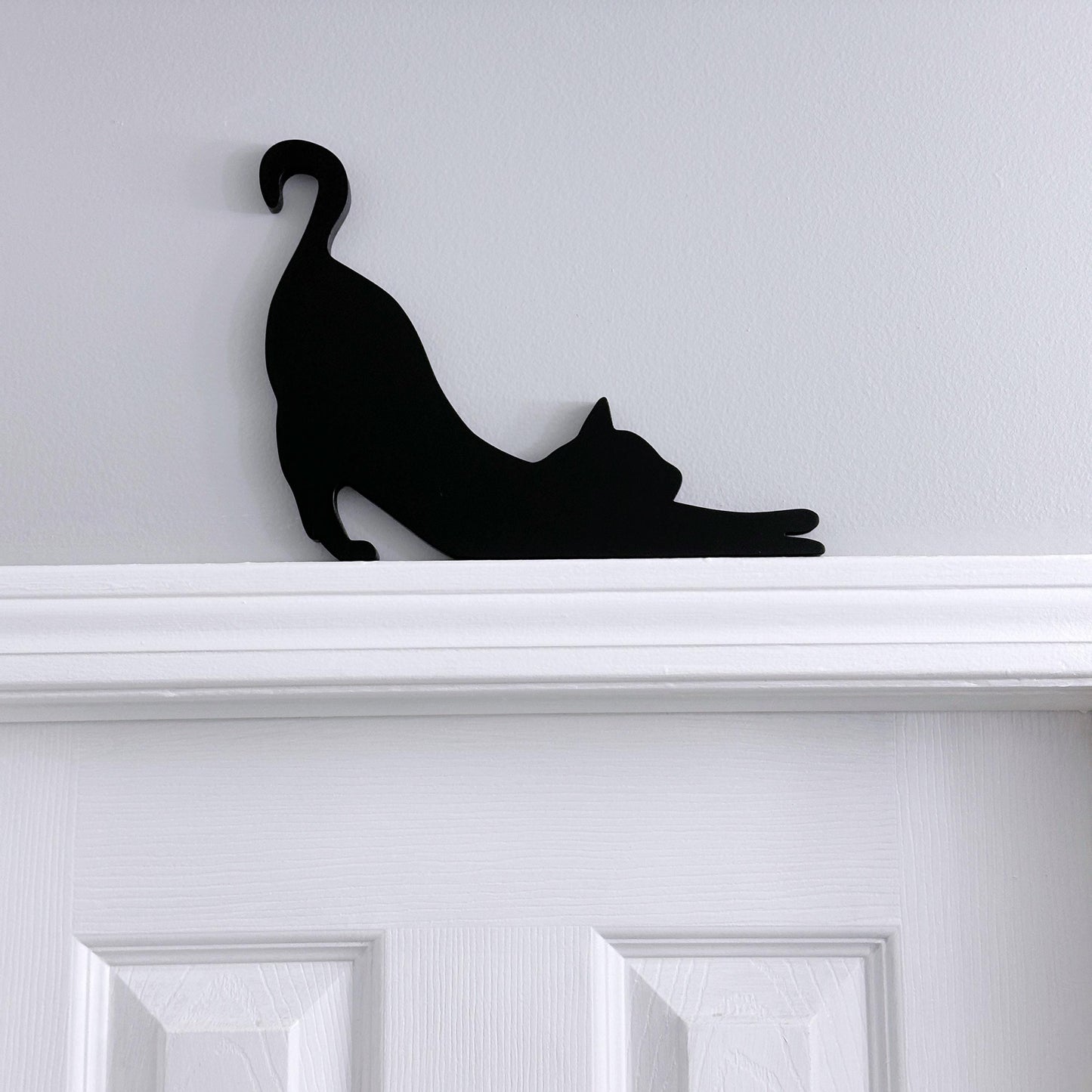Handmade Stretching Cat Door Topper: Black Cat Shelf Sitter
