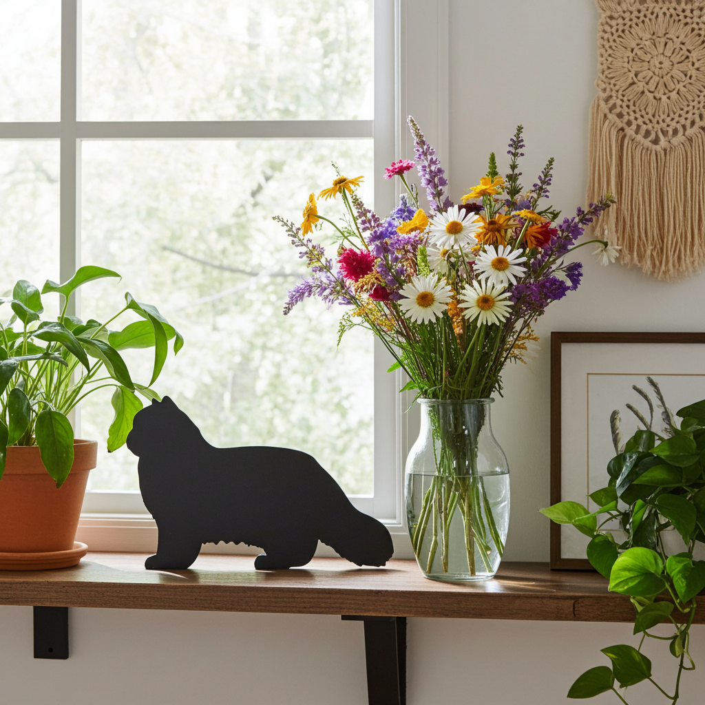 Black cat figurine on a wooden shelf with a vase of flowers and plants in a bright room.